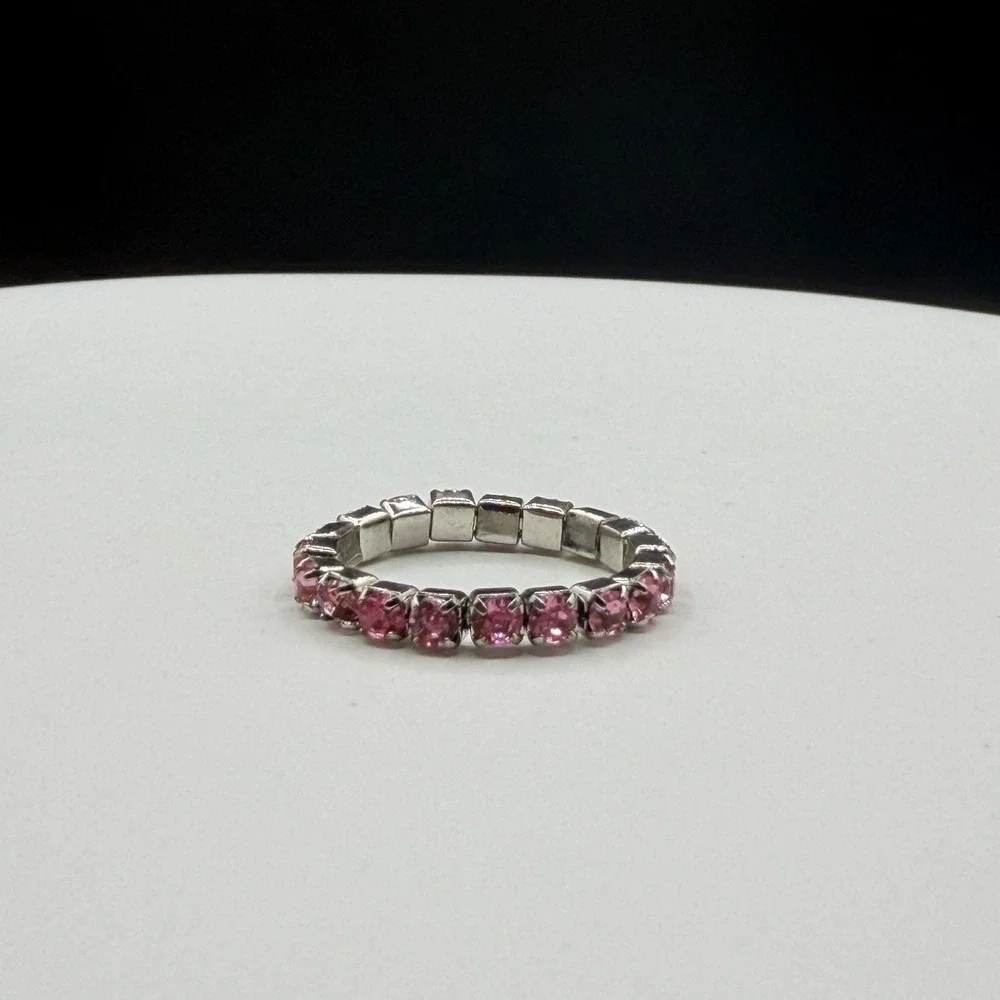 Pink Rhinestone Stretch Bracelet Ring Set Silver Tone Coquette Y2K Sparkle Gift